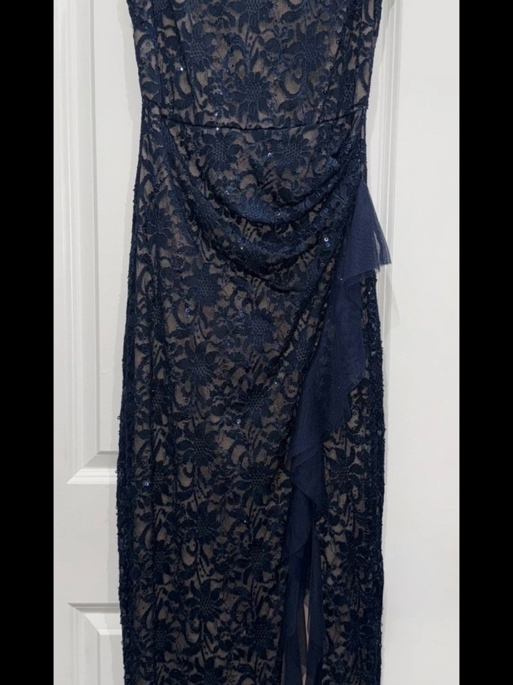 Elegant Navy Lace Maxi Dress with Draped Detail
